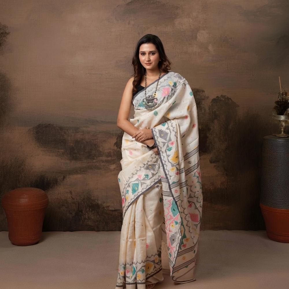 Off-White Handwoven Jamdani Tussar Silk Saree
