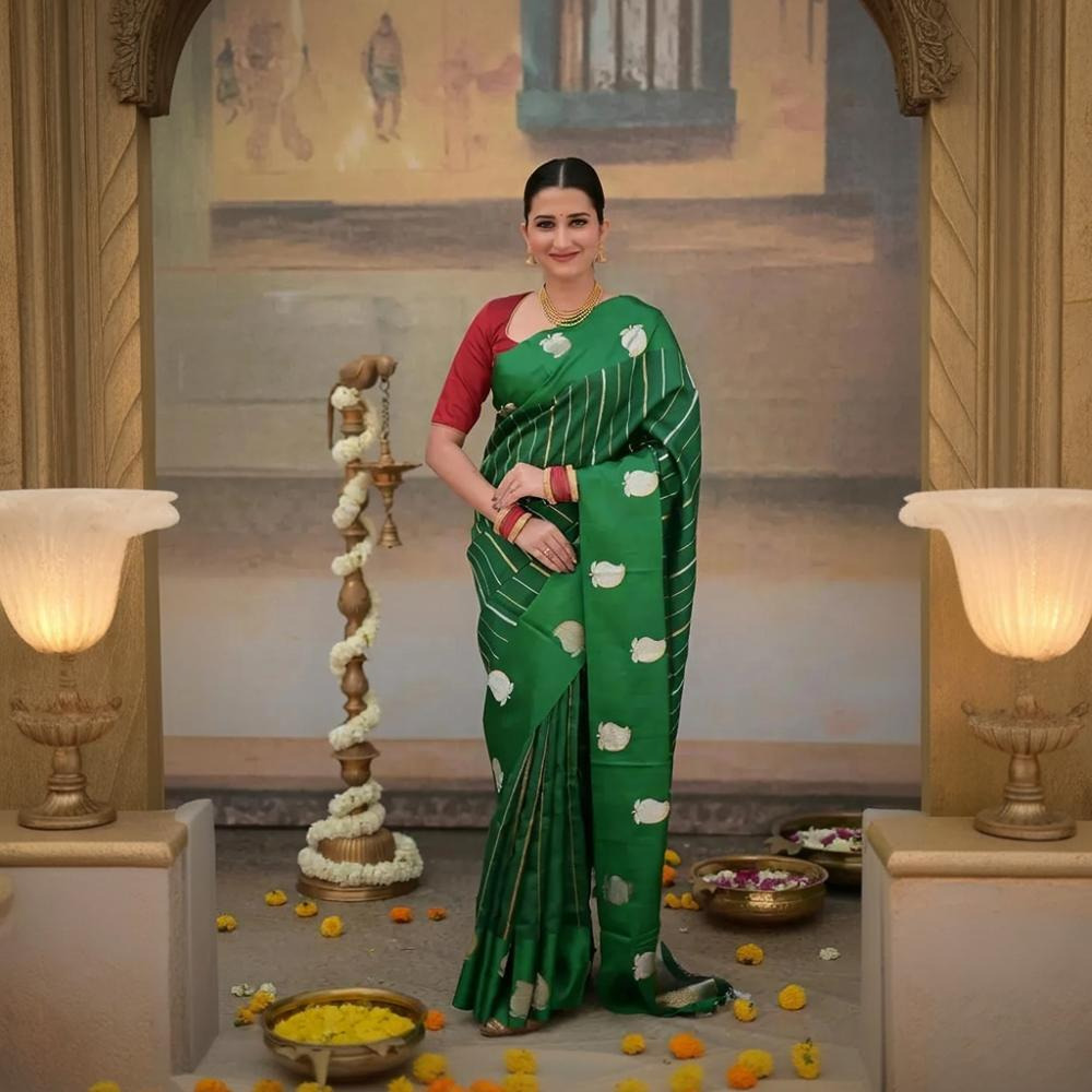 Noushk - Royal Green Banarasi Saree With Sona-Rupa Zari Kairi Motifs In Mashroo Border