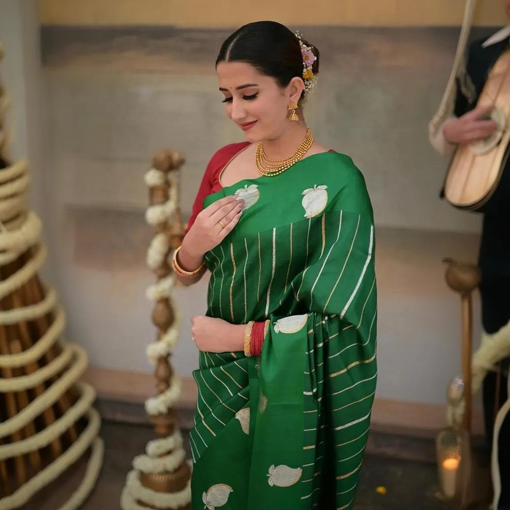 Noushk - Royal Green Banarasi Saree With Sona-Rupa Zari Kairi Motifs In Mashroo Border