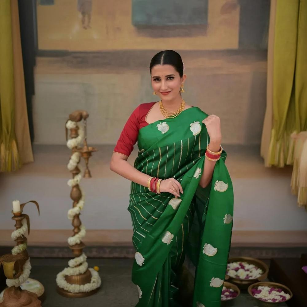 Noushk - Royal Green Banarasi Saree With Sona-Rupa Zari Kairi Motifs In Mashroo Border