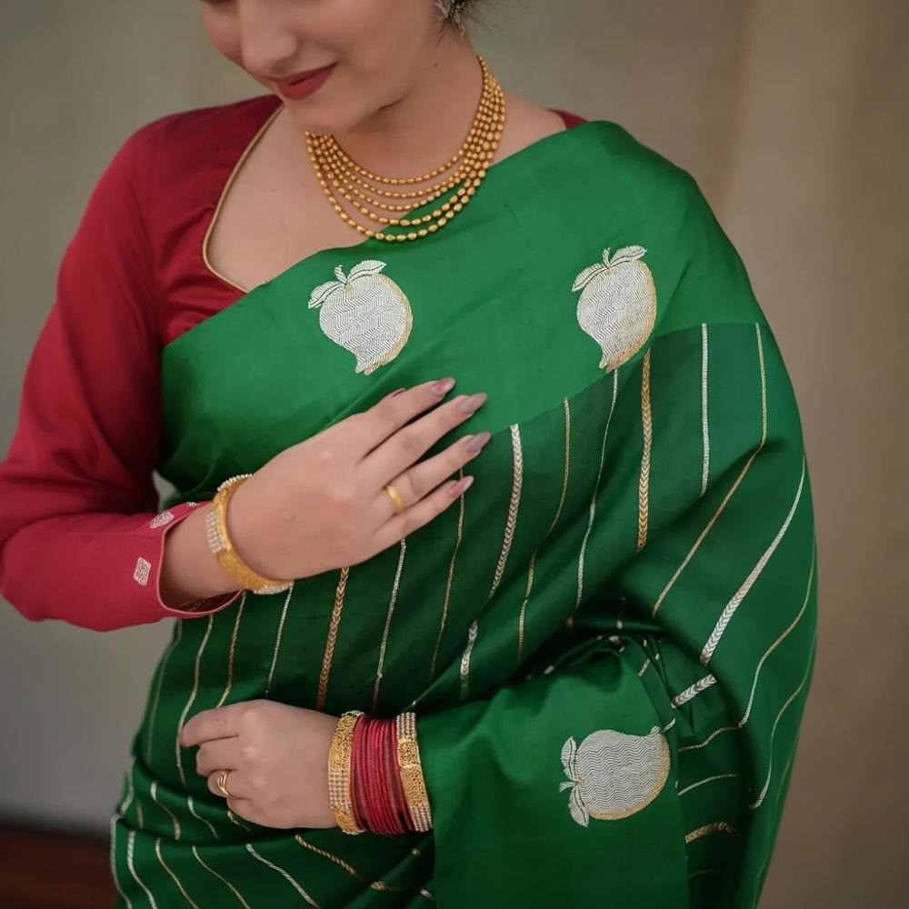 Noushk - Royal Green Banarasi Saree With Sona-Rupa Zari Kairi Motifs In Mashroo Border