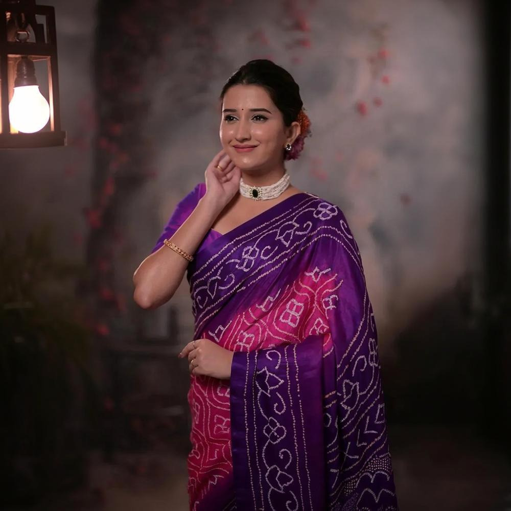 Elegant Gajji Silk Bandhani Saree  Purple & Pink Ombre
