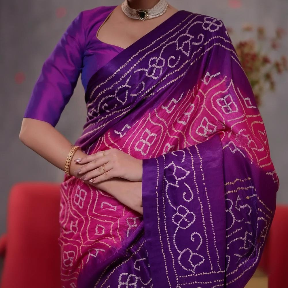 Elegant Gajji Silk Bandhani Saree  Purple & Pink Ombre