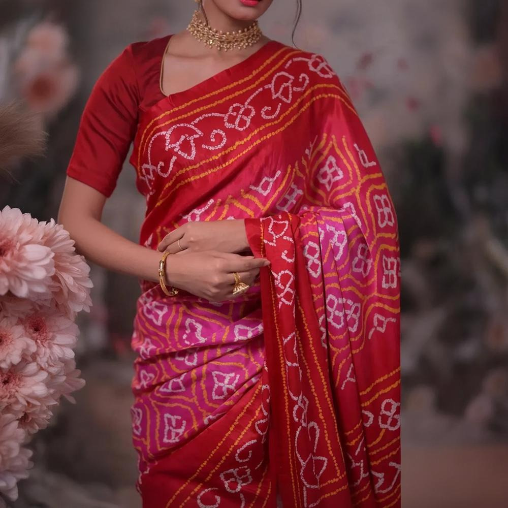 Pink Handcrafted Bandhani Gajji Silk Saree