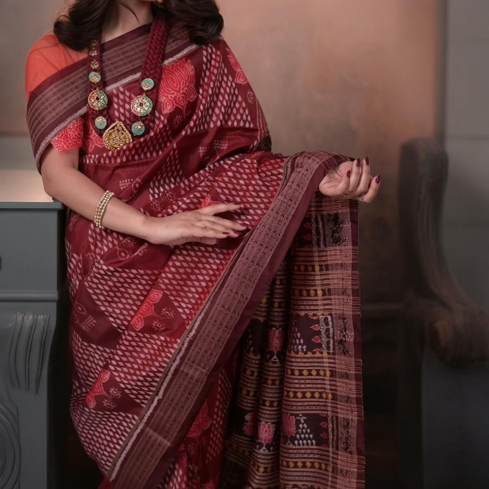 SAMBALPURI IKAT NATURAL DYES SAREE IN PURE SILK -4/3 PLY PURE MULBERRY SILK - MAROON N COFFEE BROWN