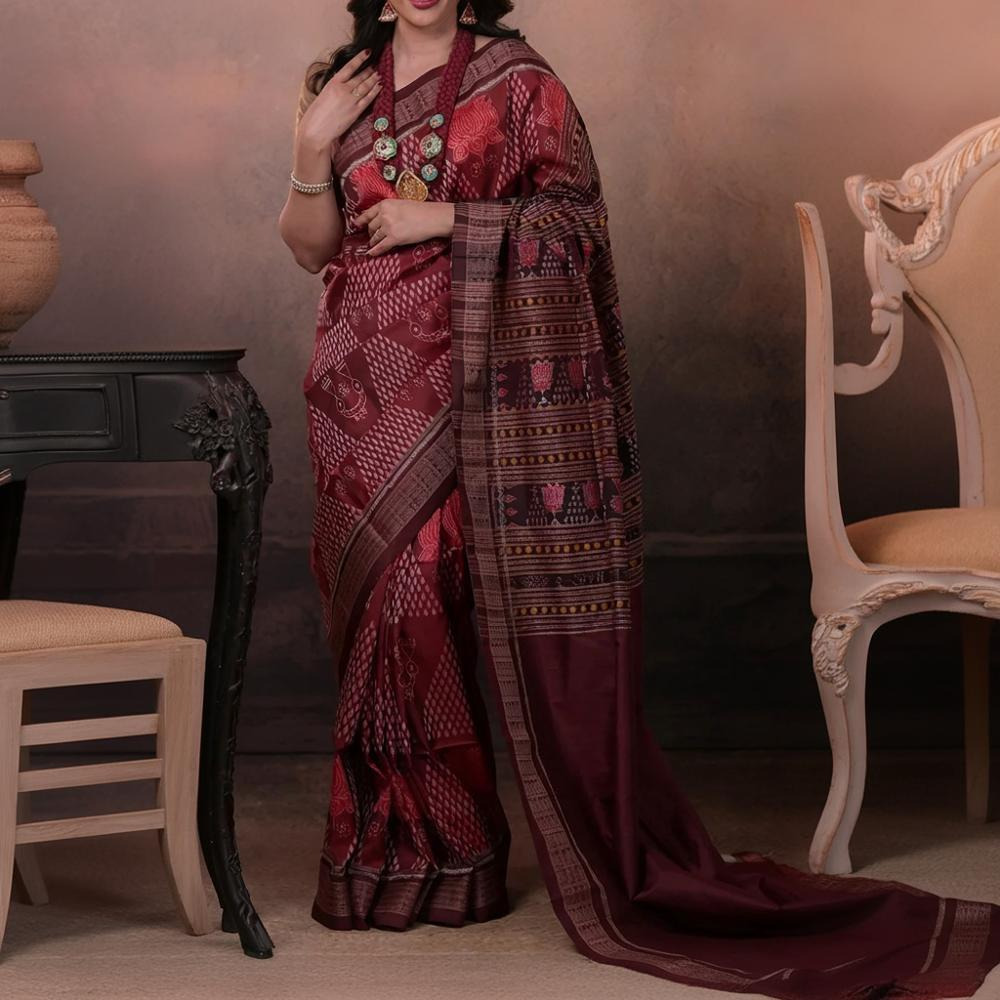 SAMBALPURI IKAT NATURAL DYES SAREE IN PURE SILK -4/3 PLY PURE MULBERRY SILK - MAROON N COFFEE BROWN