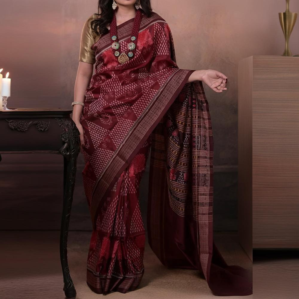 SAMBALPURI IKAT NATURAL DYES SAREE IN PURE SILK -4/3 PLY PURE MULBERRY SILK - MAROON N COFFEE BROWN