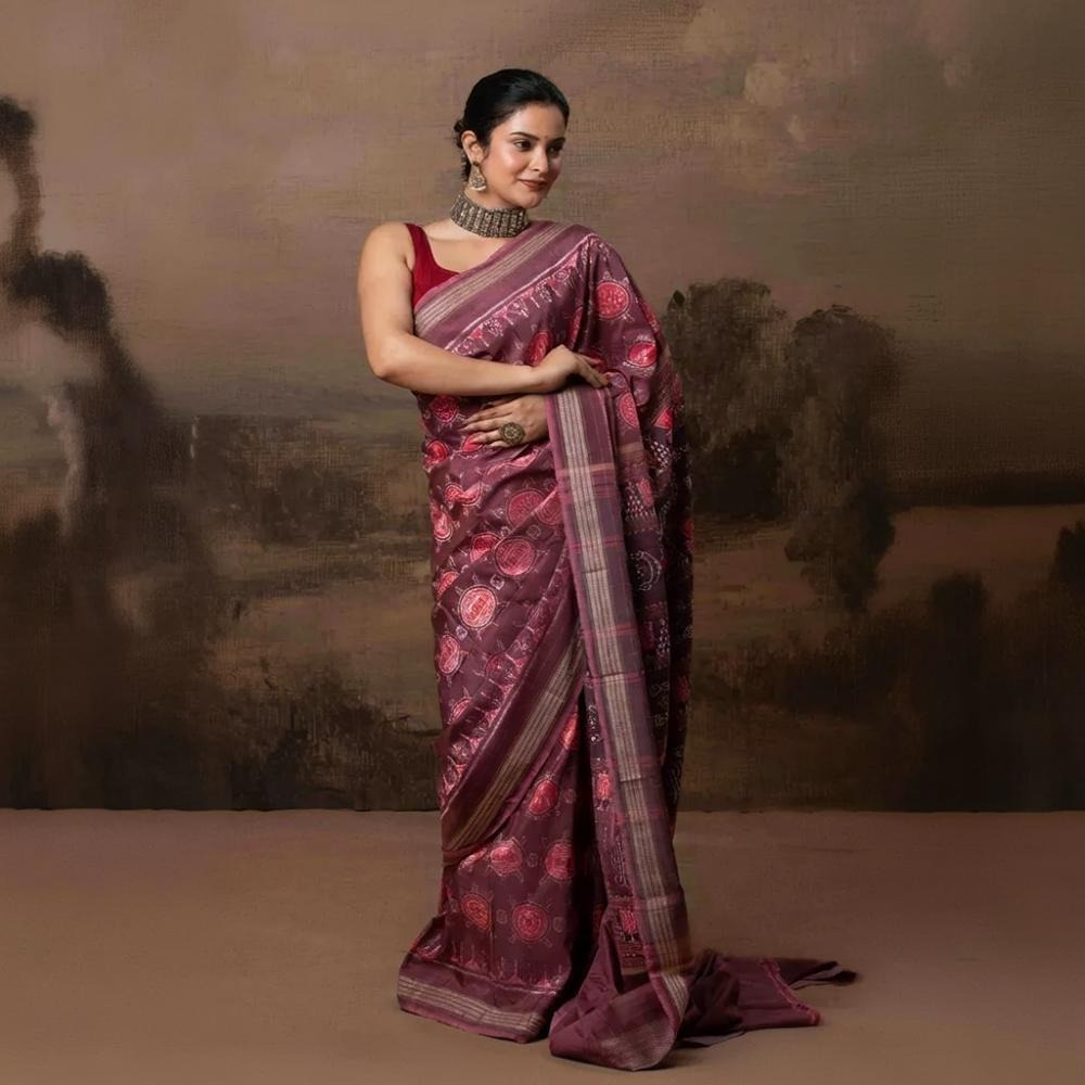 SAMBALPURI IKAT NATURAL DYES SAREE IN PURE SILK -4/3 PLY PURE MULBERRY SILK - ONION PINK