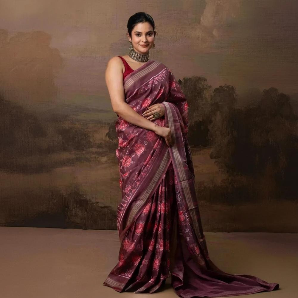 SAMBALPURI IKAT NATURAL DYES SAREE IN PURE SILK -4/3 PLY PURE MULBERRY SILK - ONION PINK