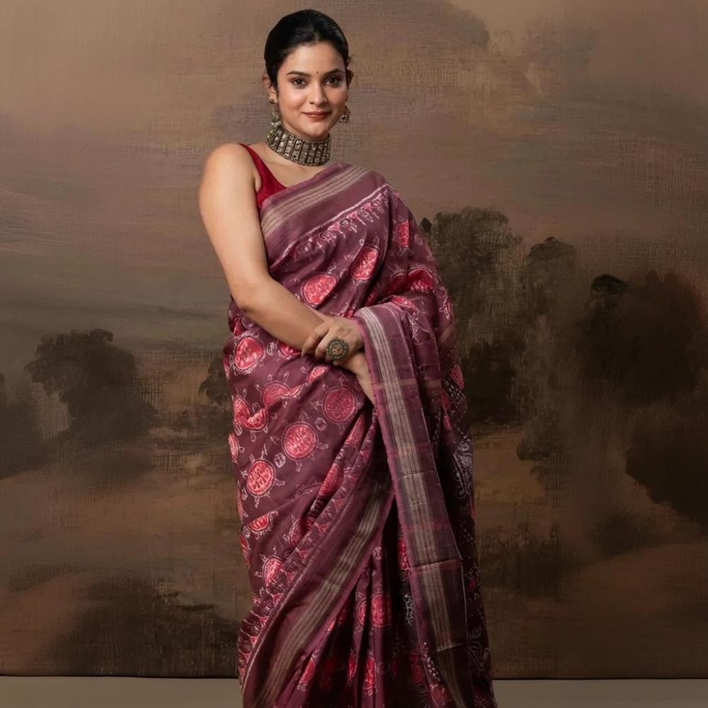 SAMBALPURI IKAT NATURAL DYES SAREE IN PURE SILK -4/3 PLY PURE MULBERRY SILK - ONION PINK