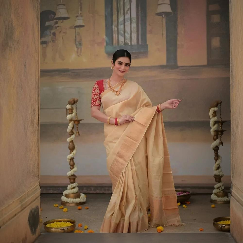 Bhadra - Beige Plain Handwoven And Handspun Silk Saree With Gold Zari Border