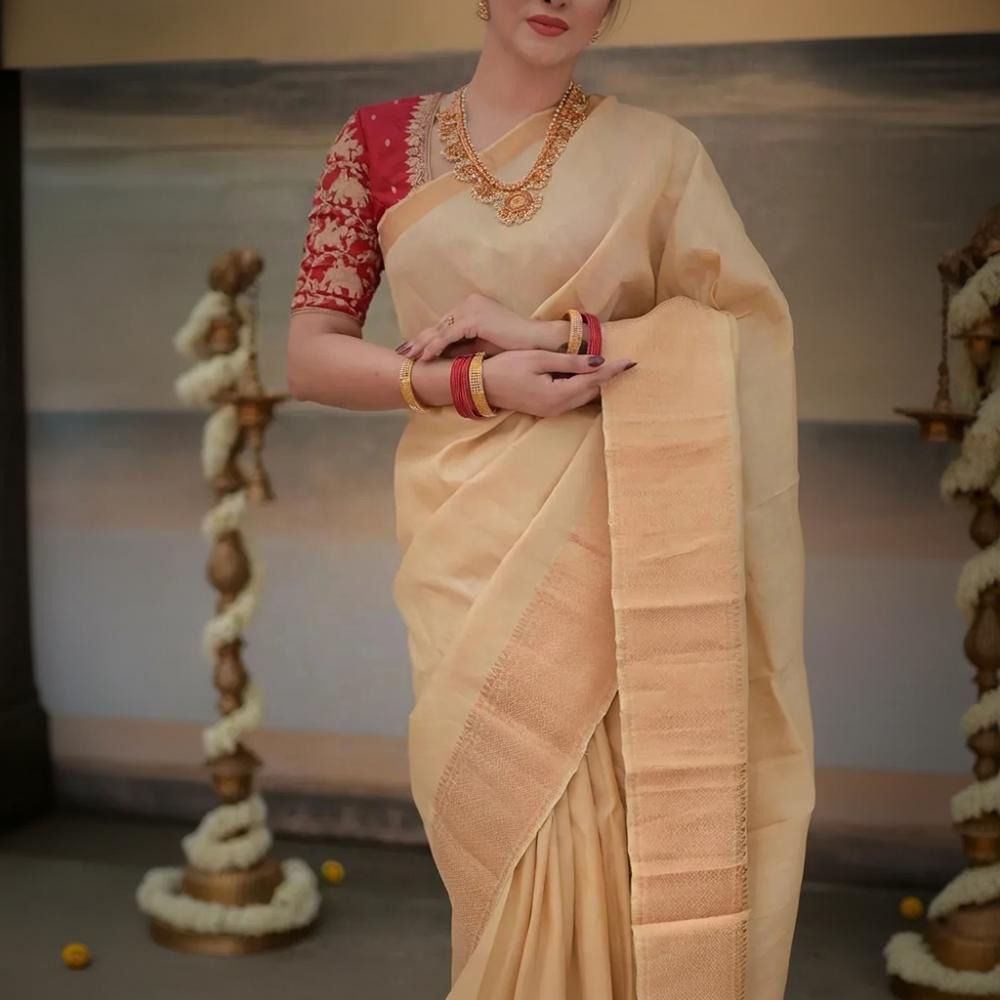 Bhadra - Beige Plain Handwoven And Handspun Silk Saree With Gold Zari Border