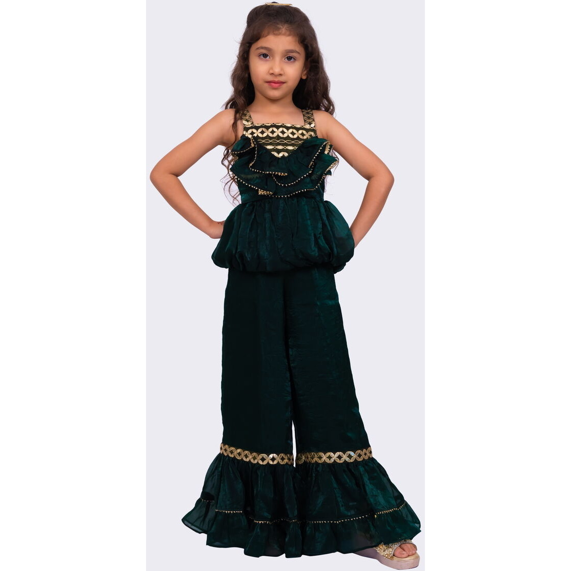 Elaihsa Georgette Woven Sleeveless Embellished Top With Palazzo-Dark Green