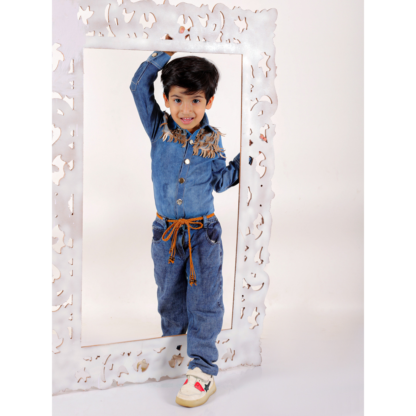 Elaisha Boys Emebellished Fringe Long Sleeves Denim Shirt & Jeans - Blue