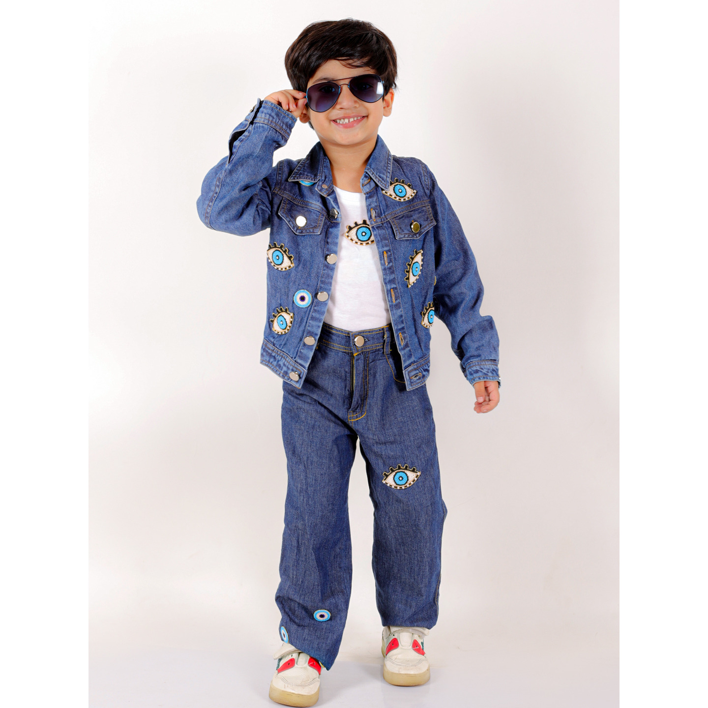 Elaisha Boys Long Sleeves Denim Jacket, T-shirt & Jeans Embellished With Evil Eye Appliques - Blue
