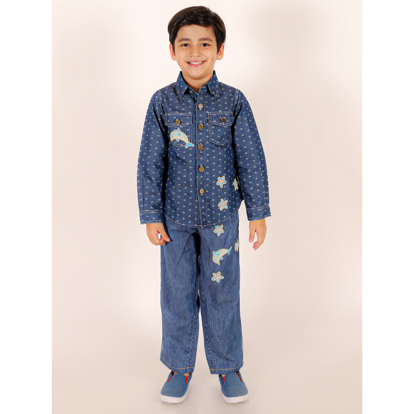 Elaisha Boys Long Sleeves Printed Denim Shirt & Jeans Embellished With Dolfin Applique - Blue