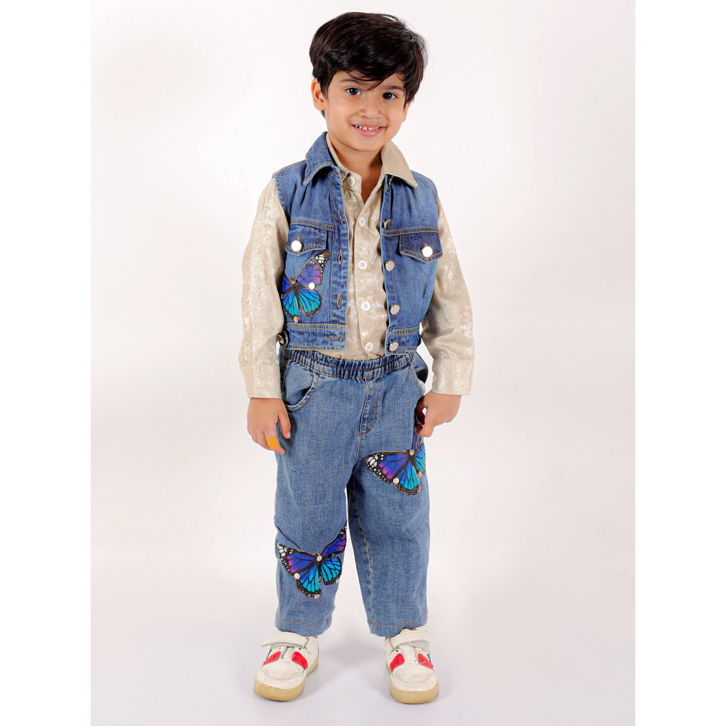 Elaisha Boys Long Sleeves Shirt, Denim Jacket & Jeans Embellished With Beautiful Butterfly Applique - Beige & Blue