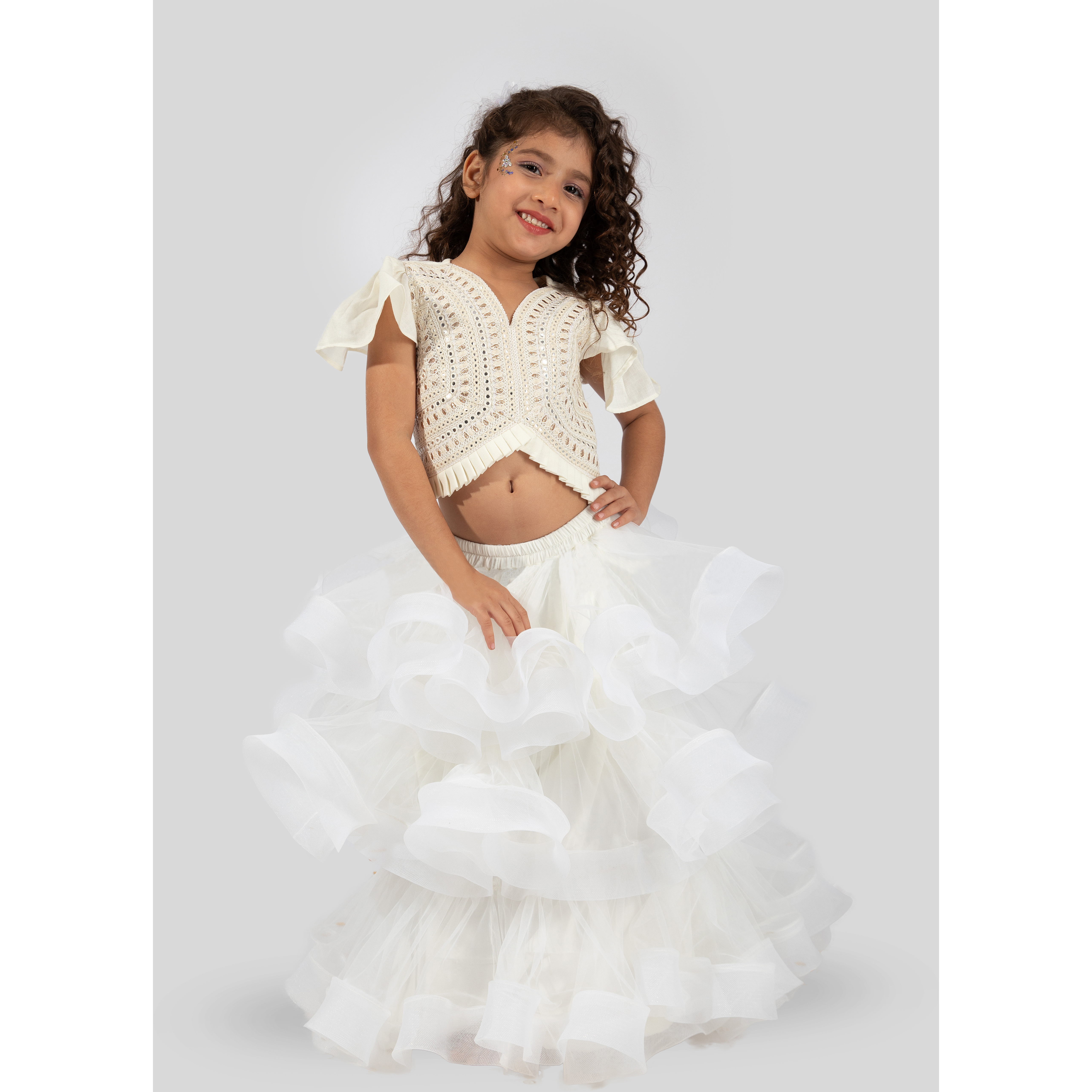 Elaisha Flutter Sleeves Mirror Worked & Ruffle Detailed Top With Lehenga Set - Off White