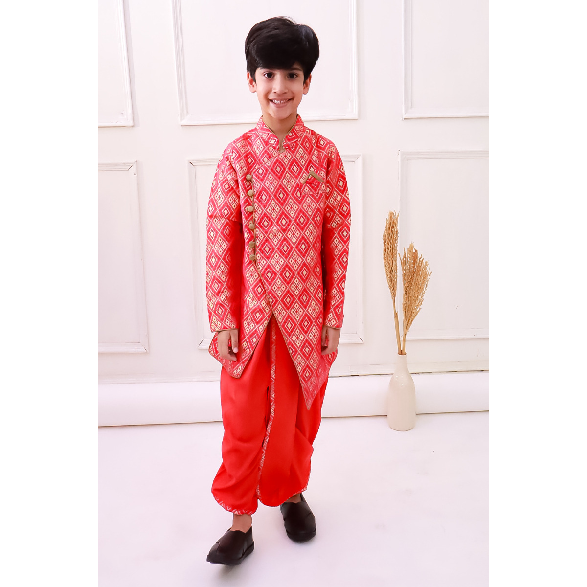 Elaisha Fullsleeves Embellished kurta with Dhoti - Red & Orange