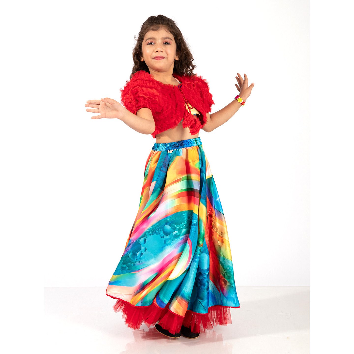 Elaisha Girls Bolero Jacket With an Inner & a Vibrant Lehenga Set - Red & Multicolour