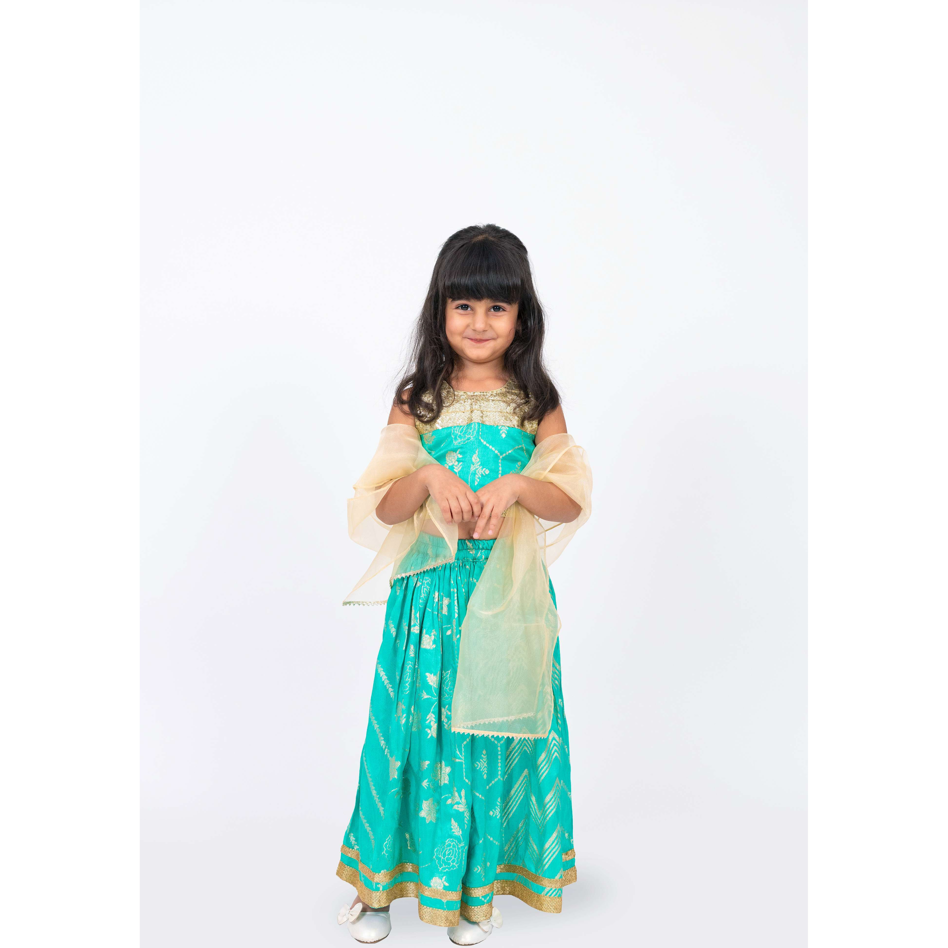 Elaisha Girls Brocade Sleeveless sequence Embellished Top, Lehenga & Tissue Dupatta Set - Sea Green