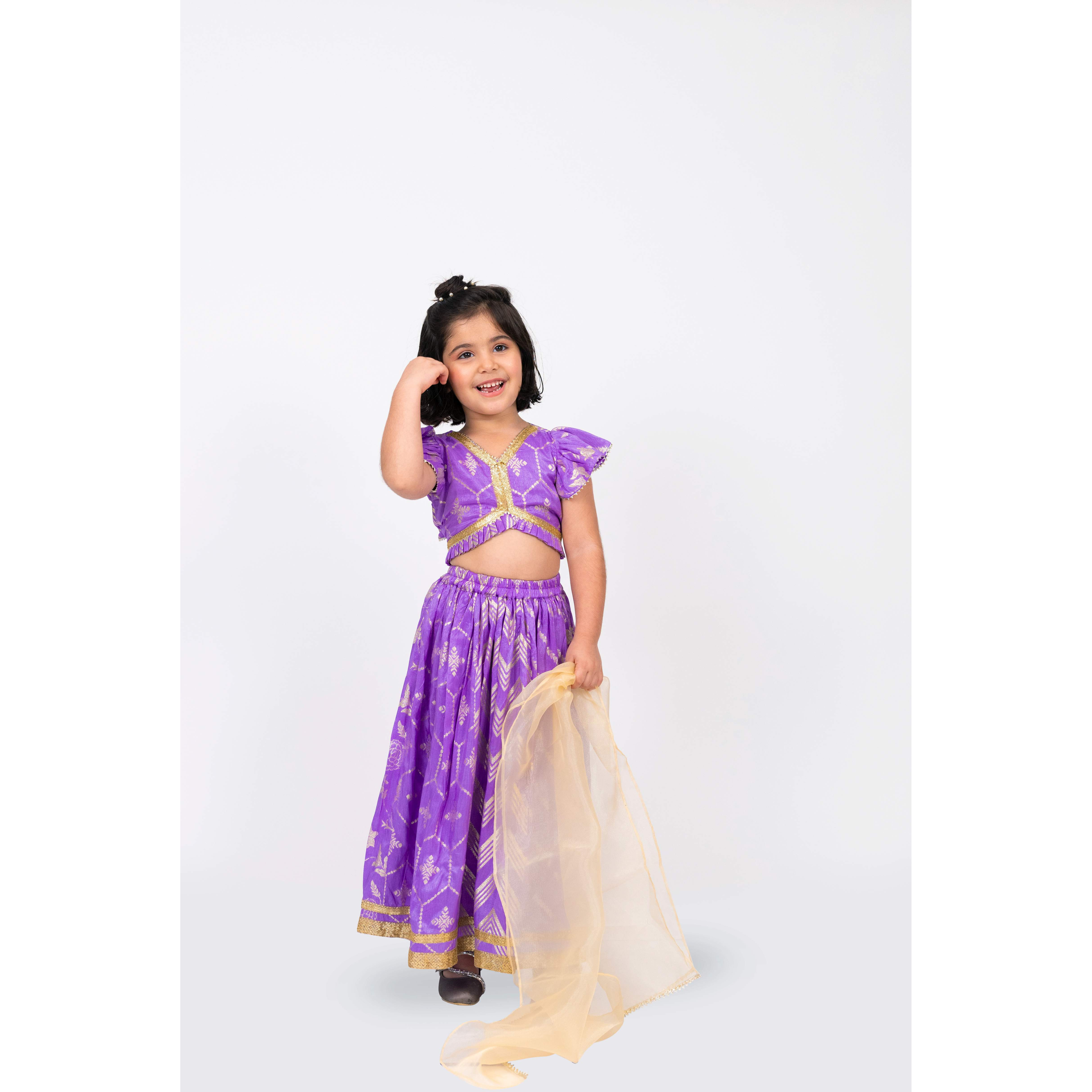 Elaisha Girls Brocade ruffled Sleeve Lace Embellished Top, Lehenga & Tissue Dupatta Set - Mauve
