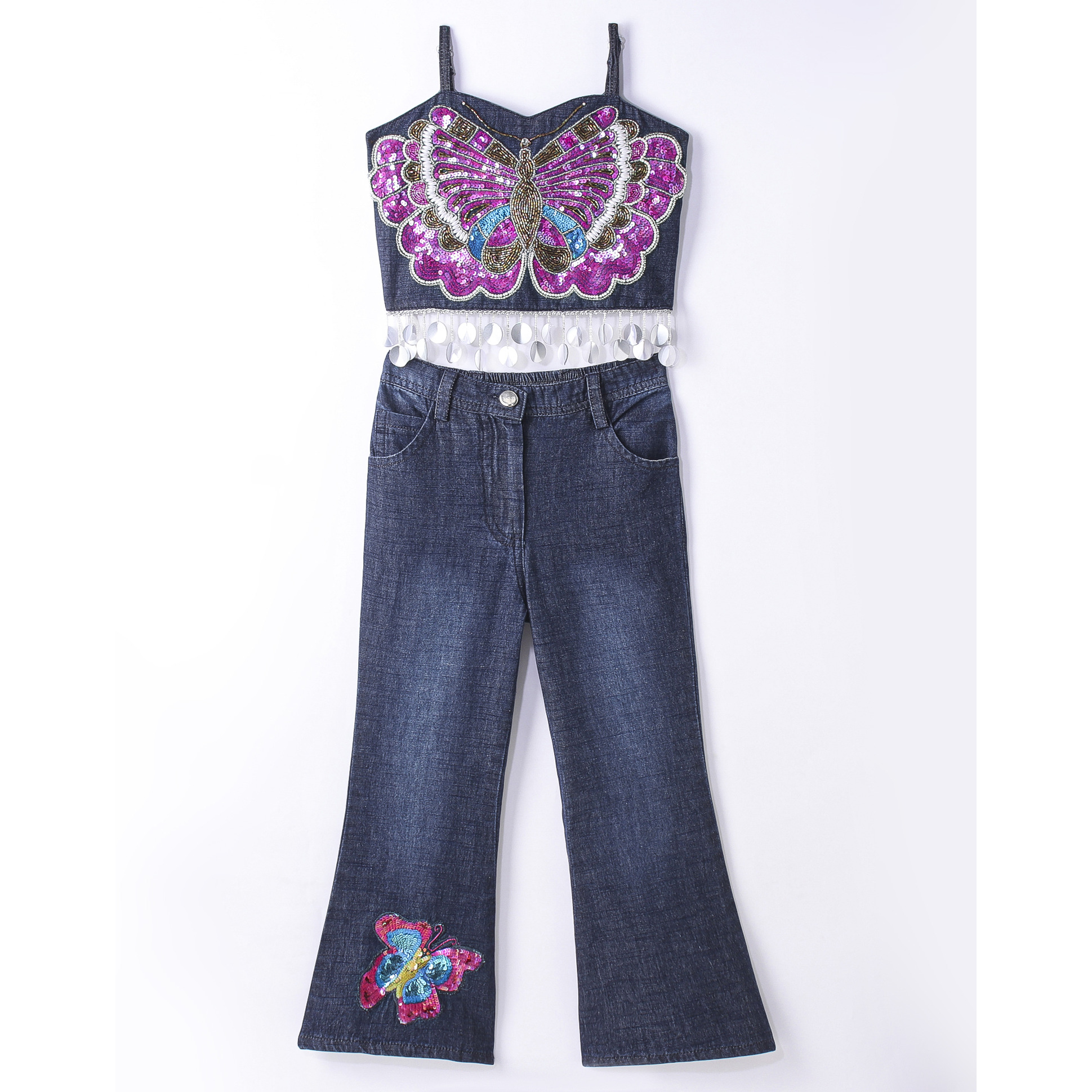 Elaisha Girls Butterfly Embroidered Denim Crop Top & Jeans With Butterfly Patchwork - Blue