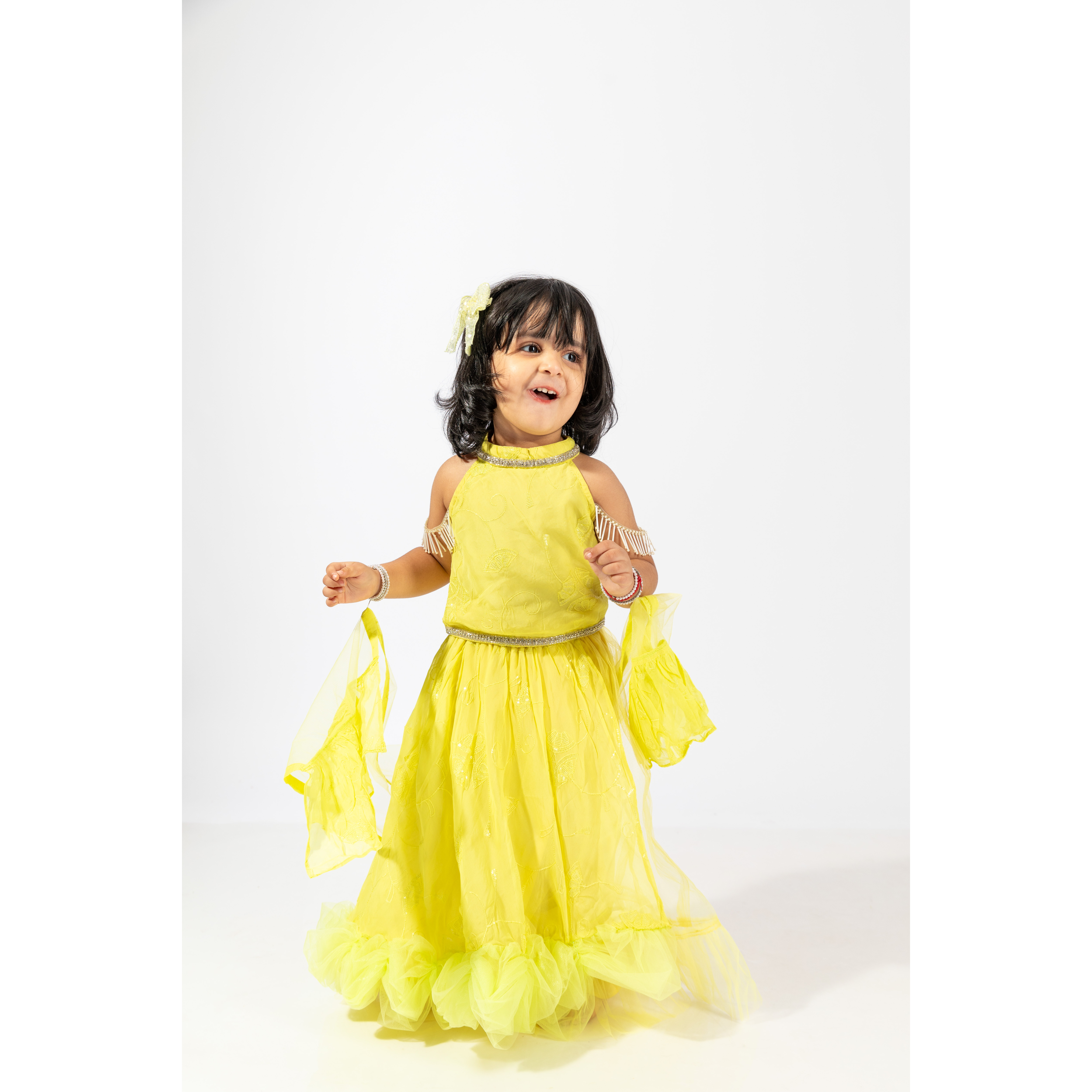 Elaisha Girls Crop Top & Ruffled Layered Lehenga with Net Dupatta Set - Lemon Yellow