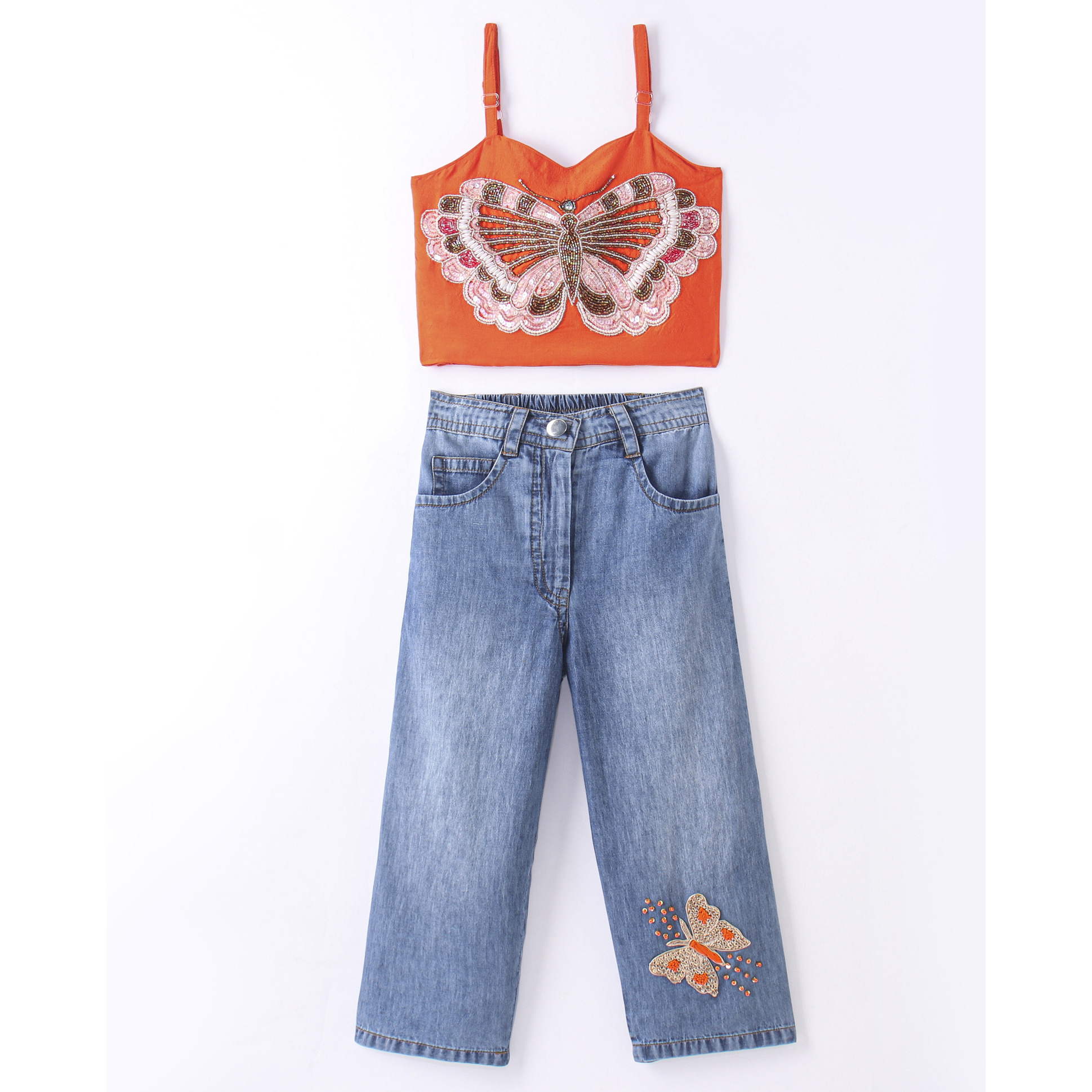 Elaisha Girls Crop Top With Eye-Catching Butterfly Embroidery And The Jeans With Beautiful Butterfly Patch - Orange & Blue