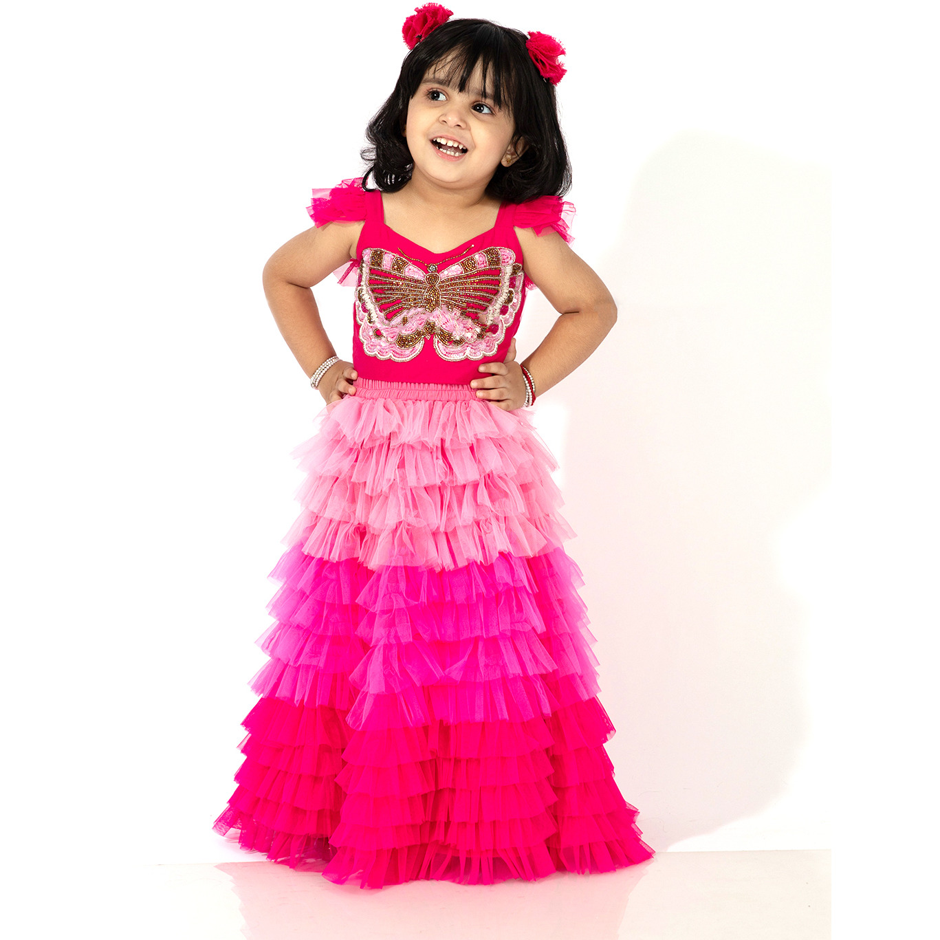 Elaisha Girls Crop Top with Butterfly Motif & Gradient Tiered Net Lehenga Set - Pink & Baby Pink
