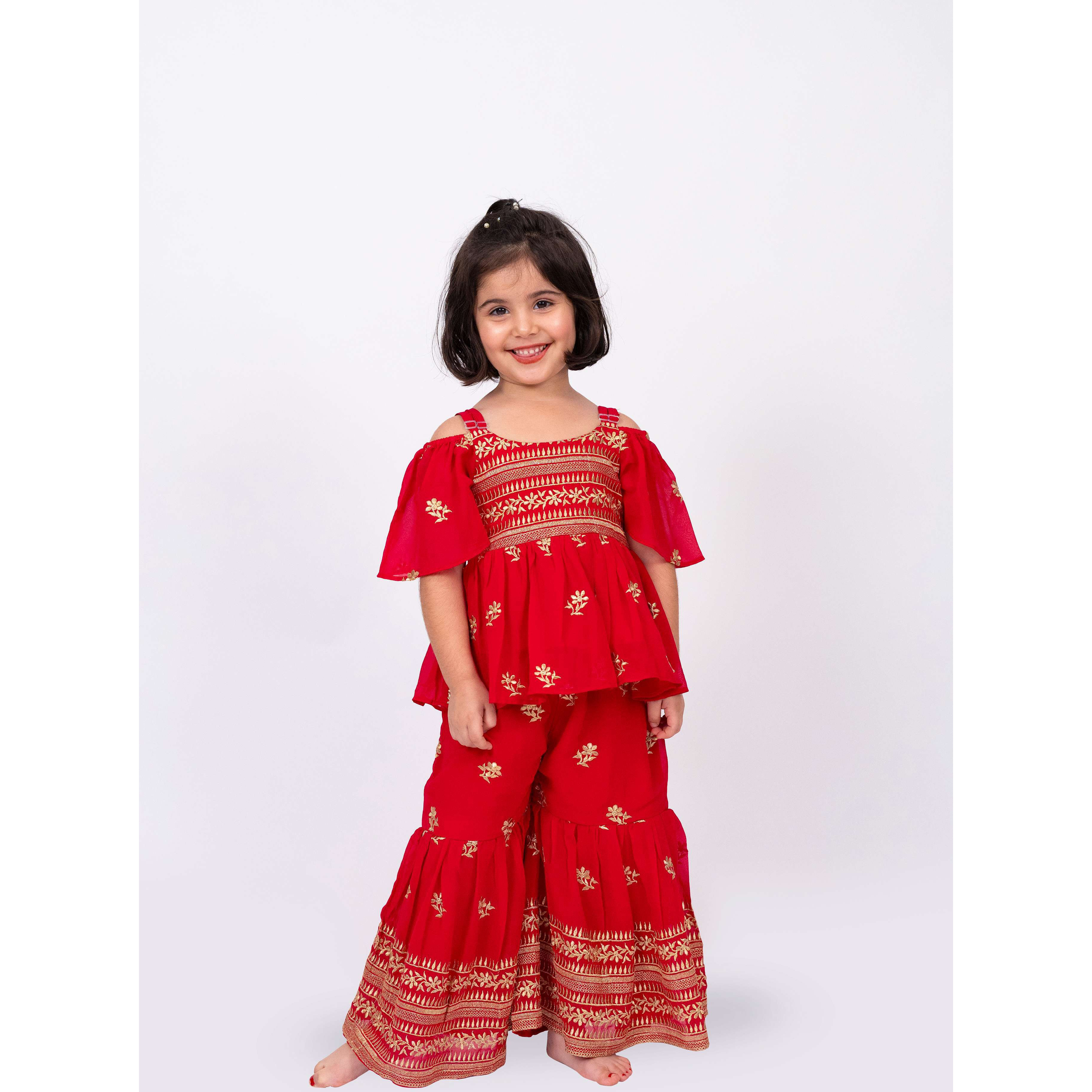 Elaisha Girls Embroidered Cold-Shoulder Peplum Top & Sharara Pants Co-ord Set - Red