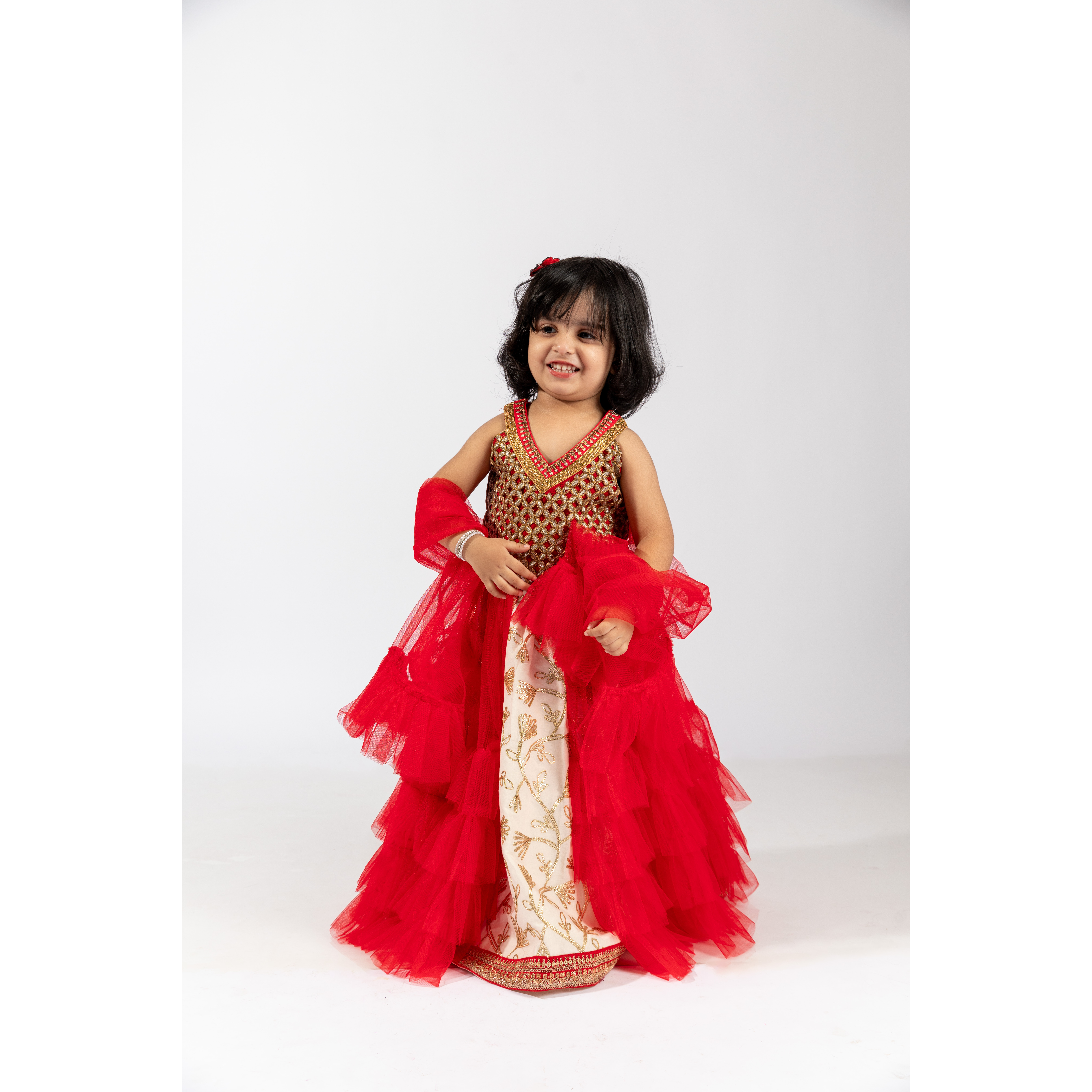 Elaisha Girls Embroidered Top & Embroidered Underlay Lehenga with Ruffled Overlay - Red & Off White