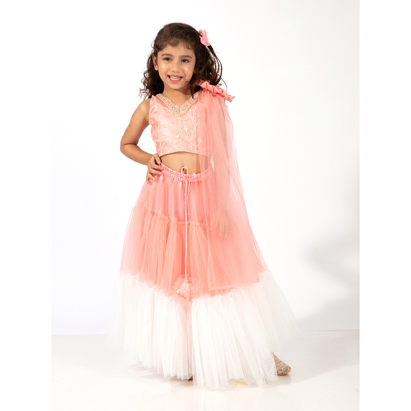 Elaisha Girls Embroidered Top with Floral Embellishment, Layered Net Lehenga & Dupatta Set - Peach & Off White