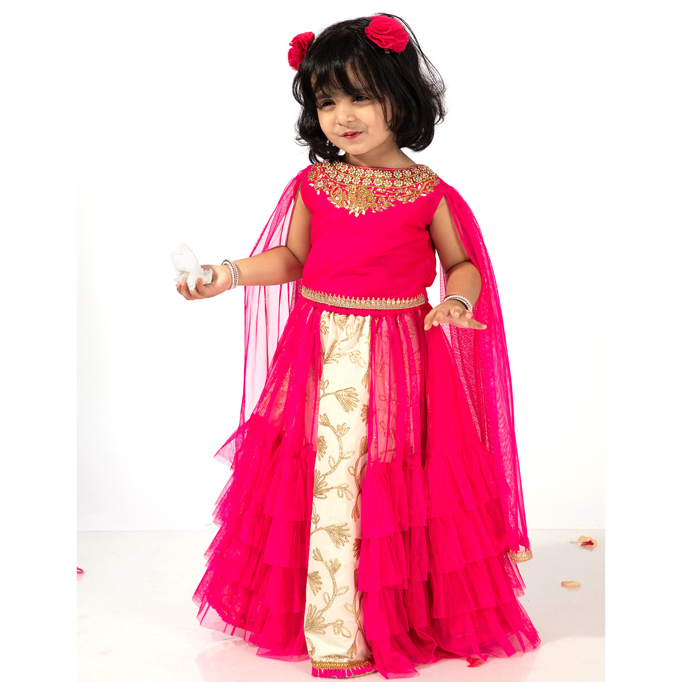 Elaisha Girls Embroidered Top with draped Sleeves & Embroidered Underlay ruffled Lehenga - Pink & Off White