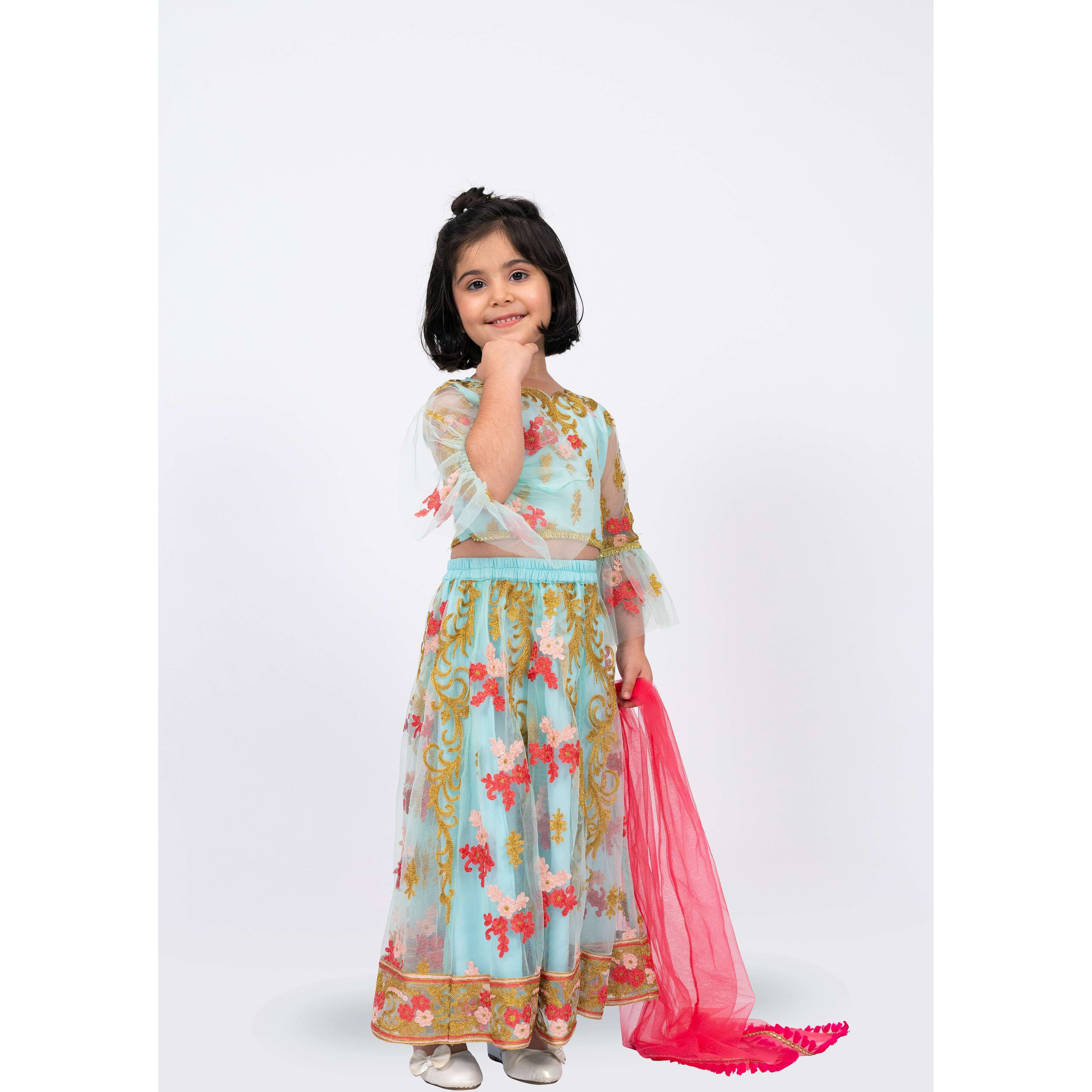 Elaisha Girls Floral Motifs Heavily Embroidered Top & Lehenga with Net Dupatta Set - Sea Green & Pink