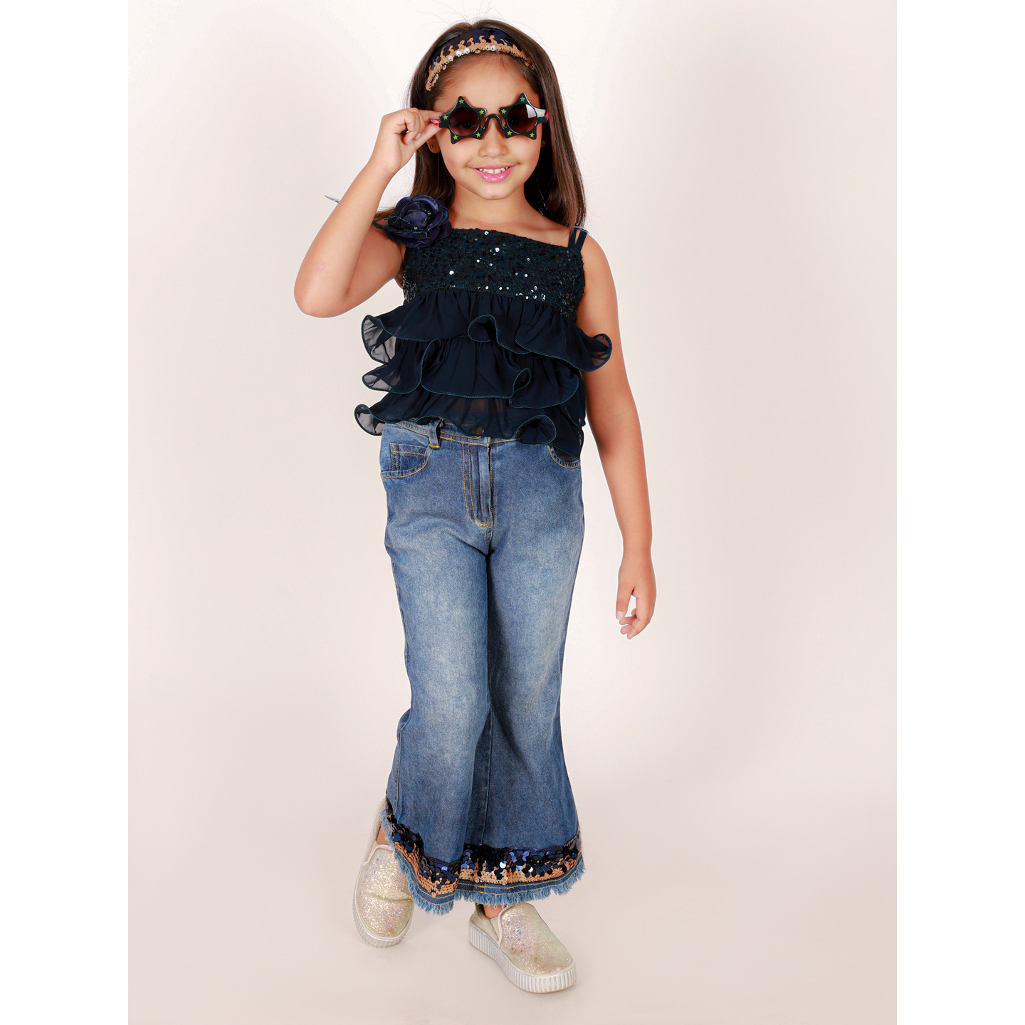 Elaisha Girls Frilled embroidered Choli with Emblished denim pant - Navy Blue & Blue