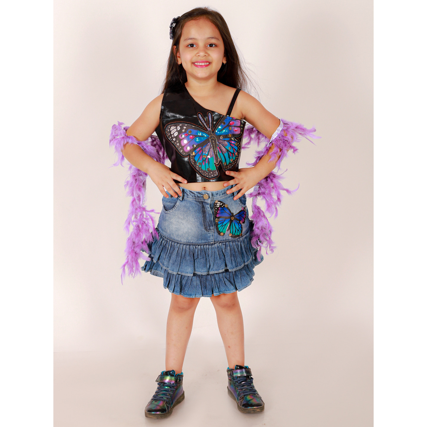Elaisha Girls Leather Top & Layered Denim Skirt Embellished With Butterfly Patch And Studds - Black & Blue