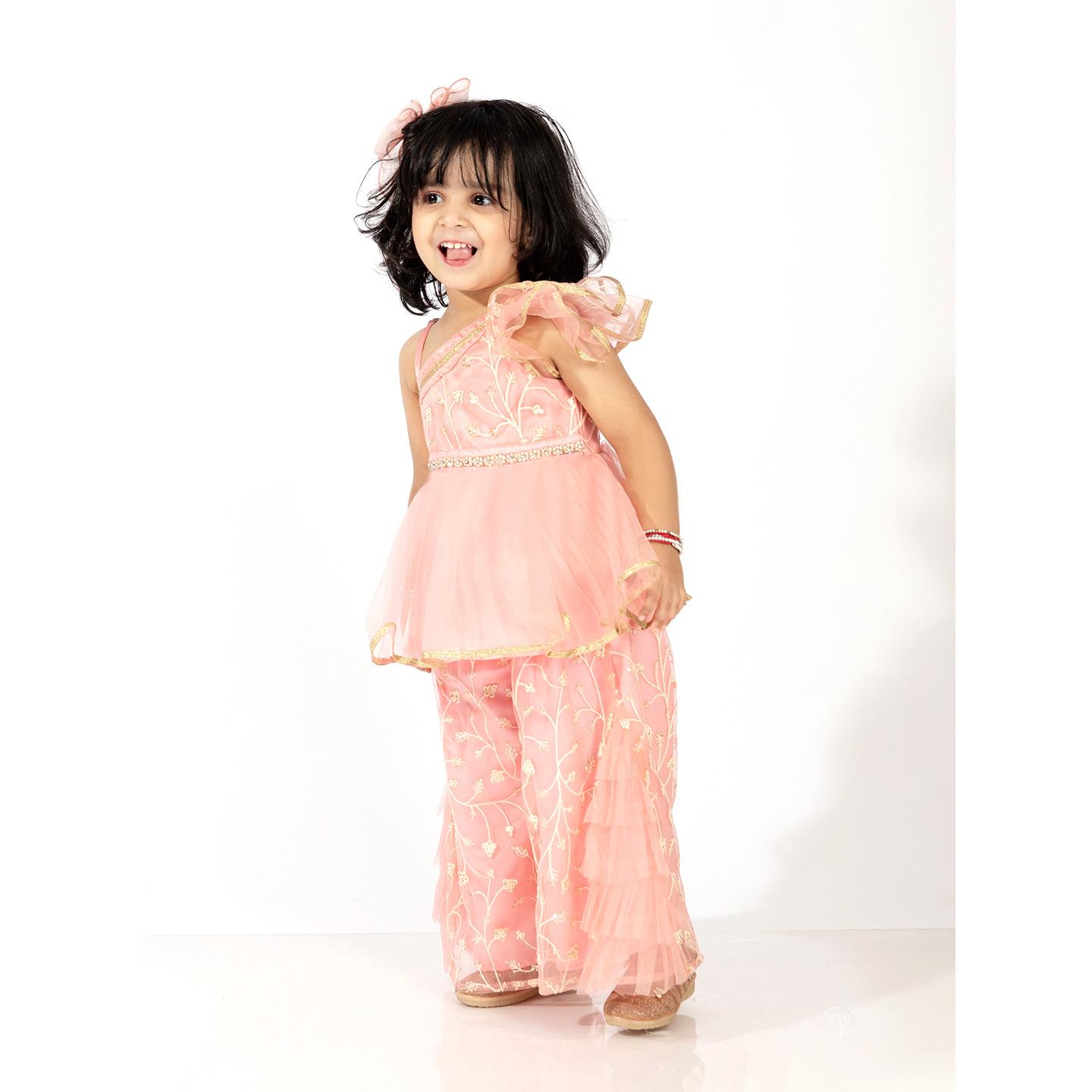 Elaisha Girls Net Embroidered Peplum Top & Ruffled Detailed Sharara Pants Set- Peach