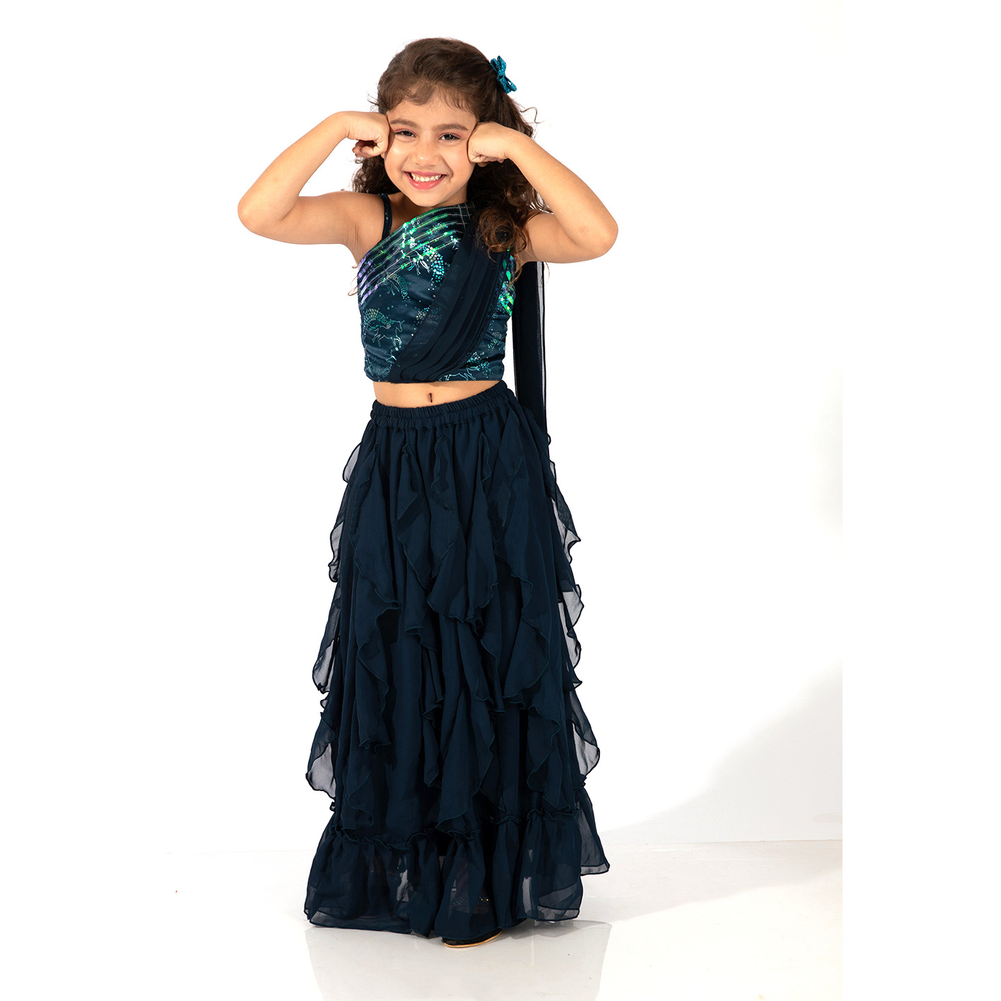 Elaisha Girls One-Shoulder Unicorn Printed Top with Draped Dupatta and Ruffled Lehenga Set - Navy Blue