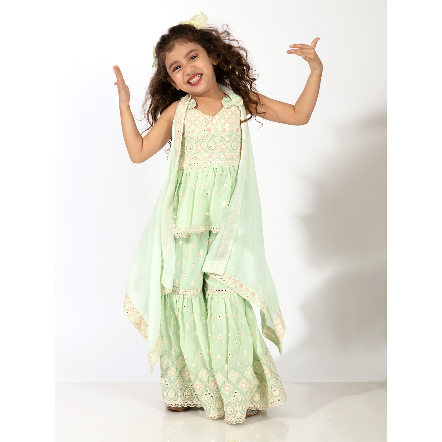 Elaisha Girls Peplum Top & Sharara with Embroidered Long Shrug Set - Pastle Green