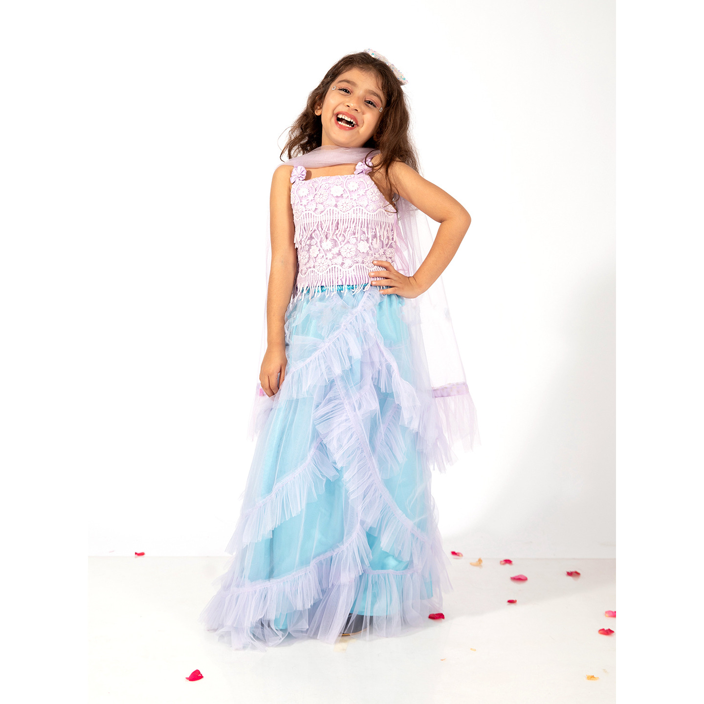 Elaisha Girls Printed Crop Top & Ruffled Layered Lehenga with Net Dupatta Set - mauve & Pastle Green