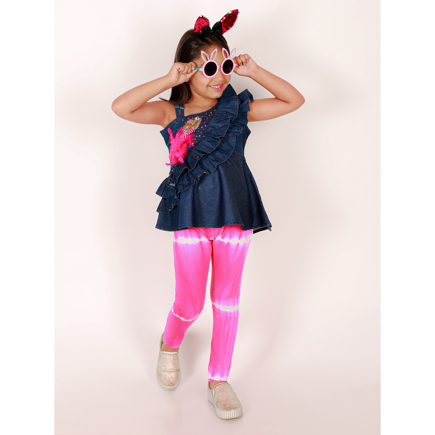 Elaisha Girls Ruffle Denim Top Embellished With Bird Applique & Tie And Dye Effect Leggings - Blue & Pink