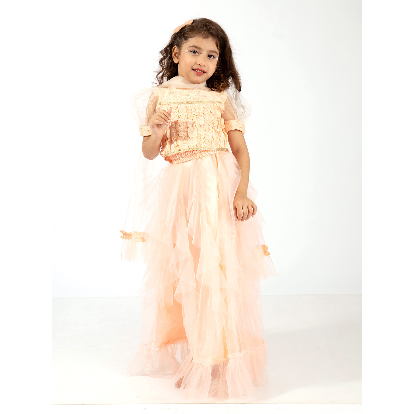 Elaisha Girls Ruffle Detailed Crop Top & Layered Lehenga with Net Dupatta Set - Peach