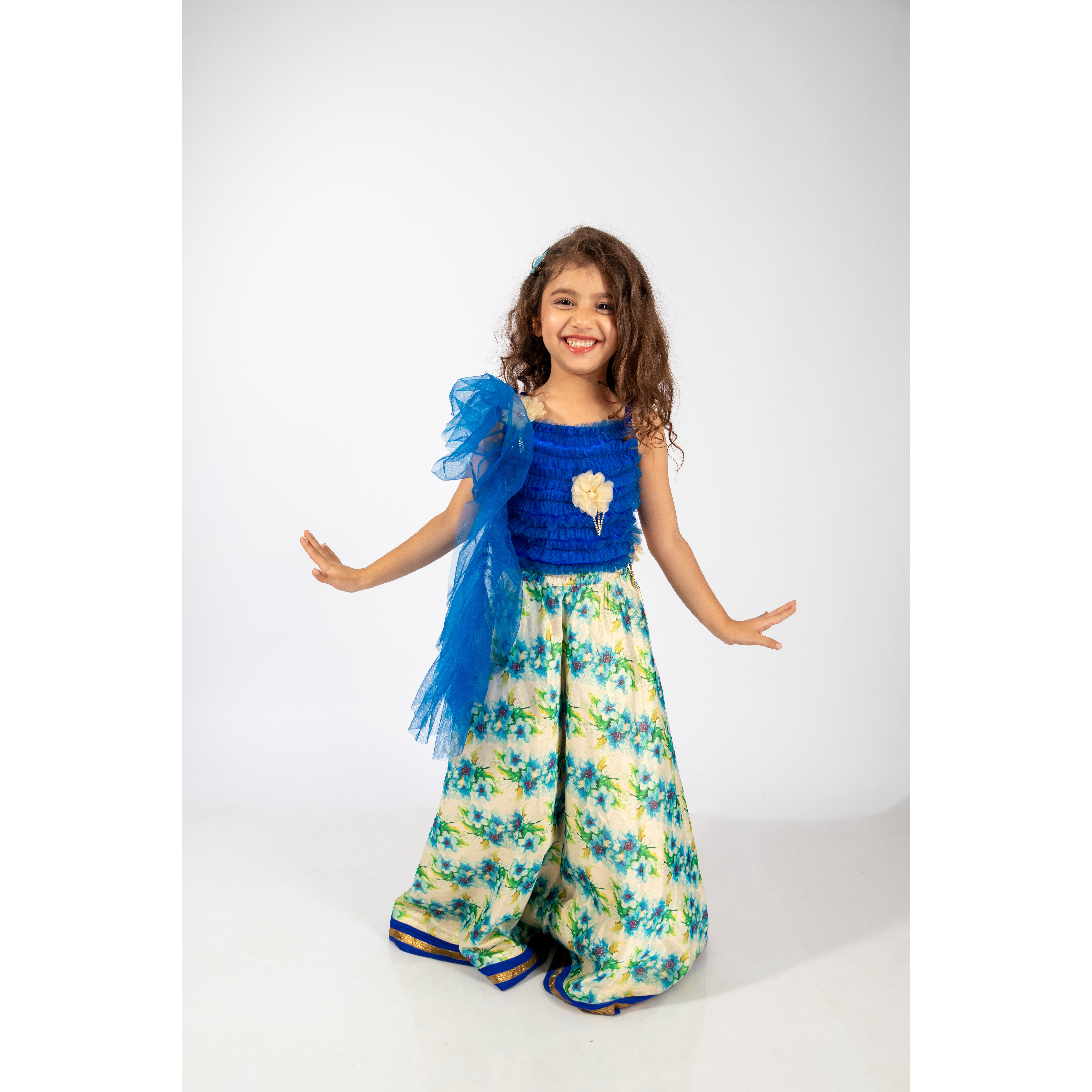 Elaisha Girls Ruffled Spaghetti-Strap Top & Floral Printed Lehenga Set - Blue & Off White
