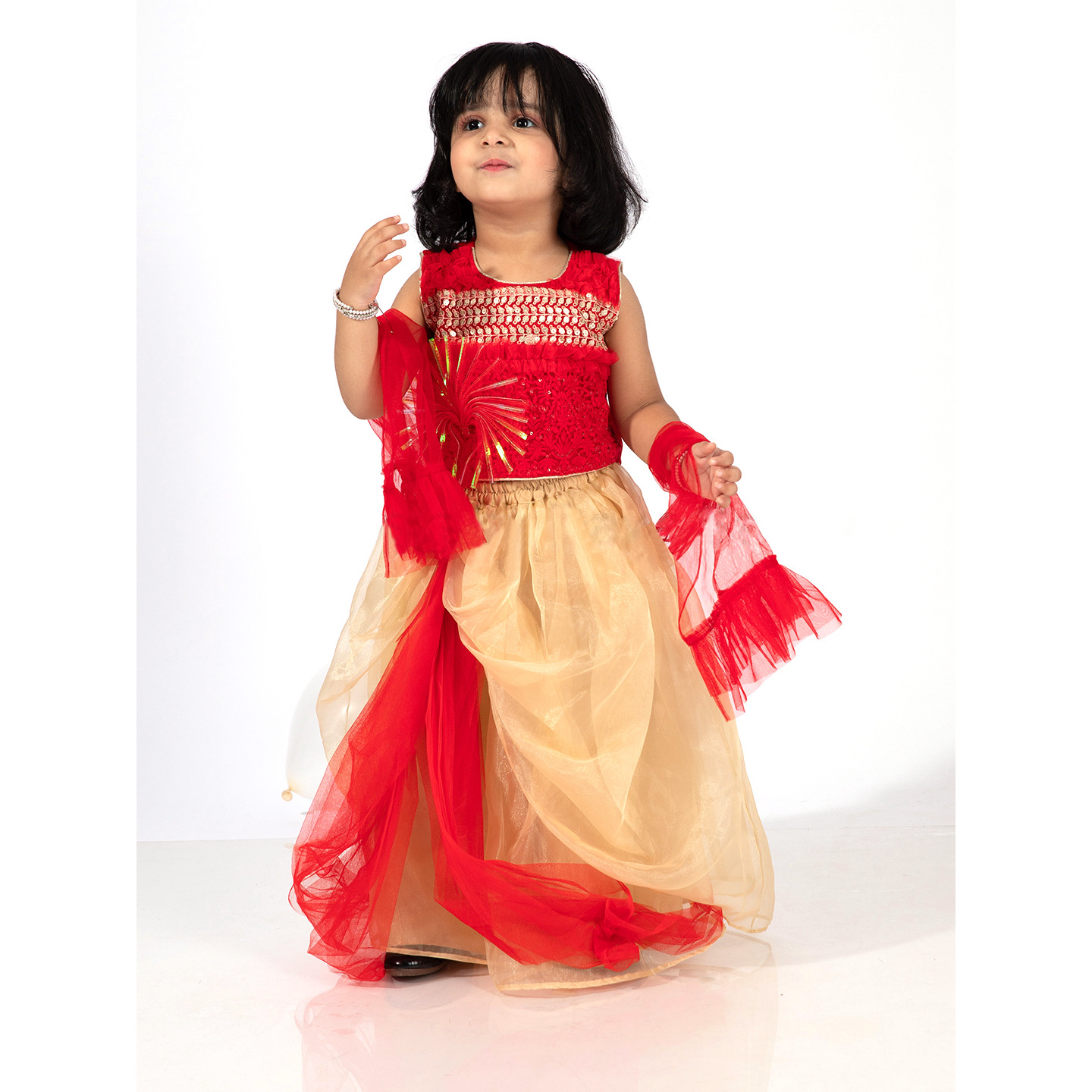 Elaisha Girls Sequin Embroidered Crop Top & Layered Organza Lehenga with Net Dupatta Set - Red & Gold