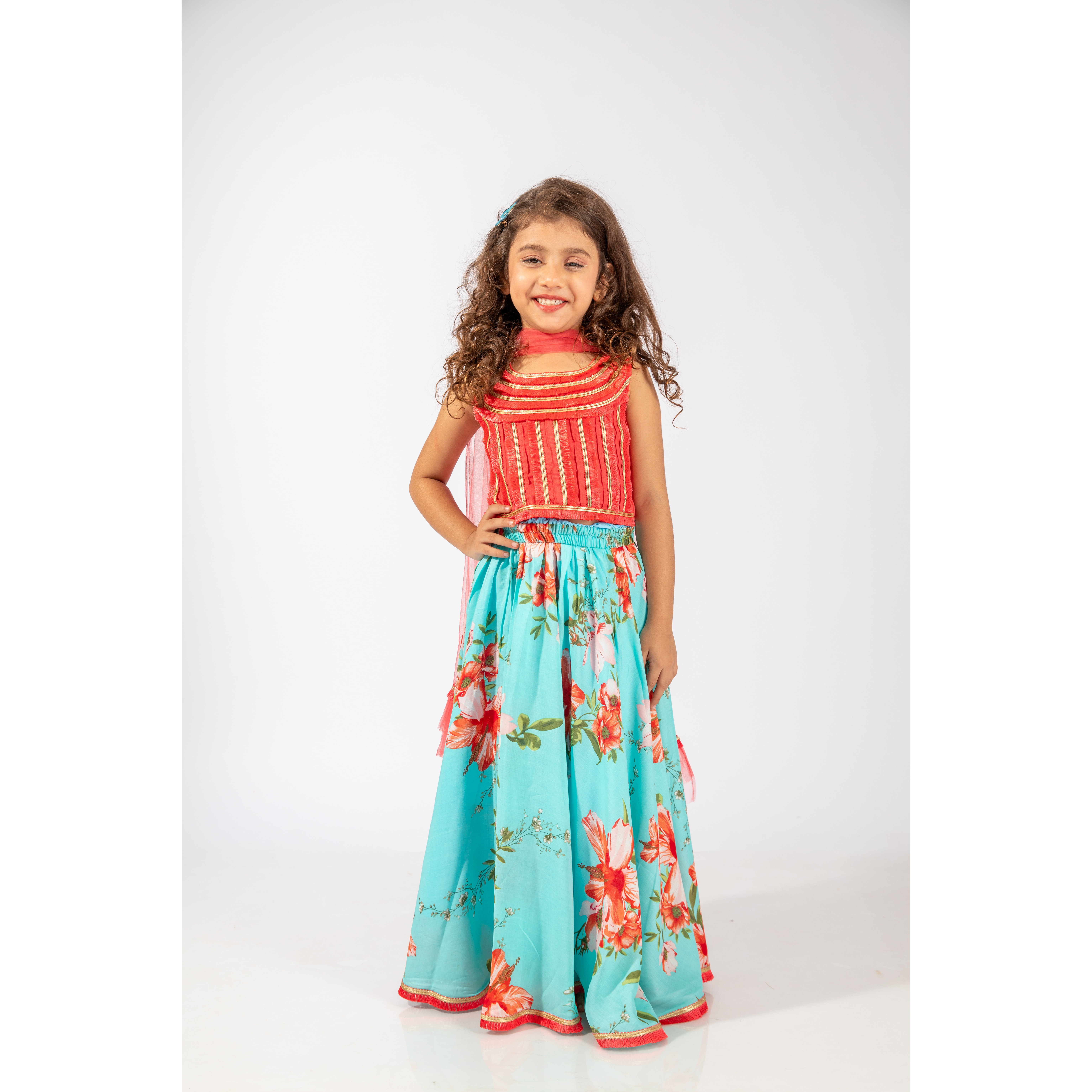 Elaisha Girls Sequin Embroidered Top & Printed Lehenga With Dupatta Set - Coral & Turquoise