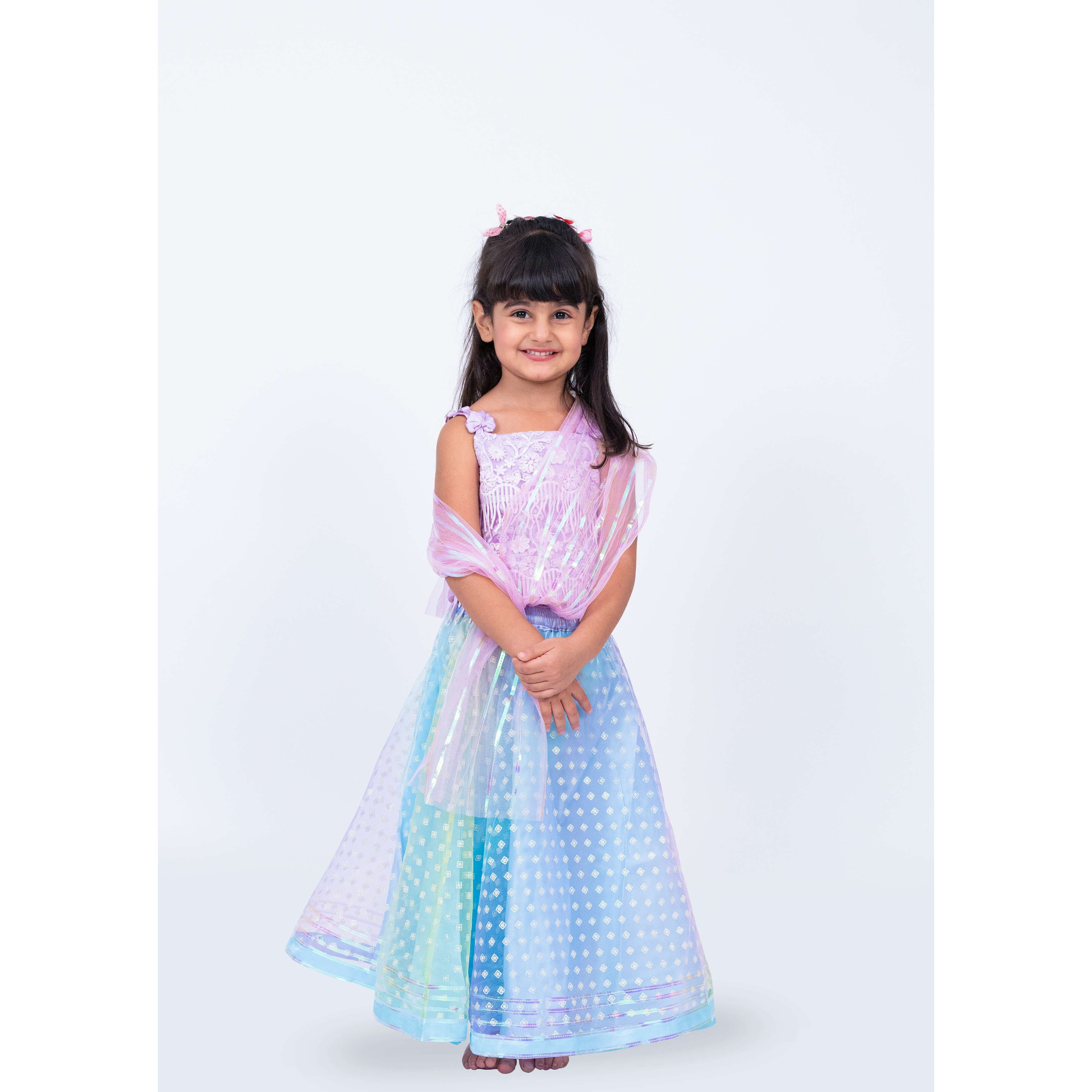 Elaisha Girls Sequin Top with Draped Dupatta & Printed Net Lehenga Set - Mauve