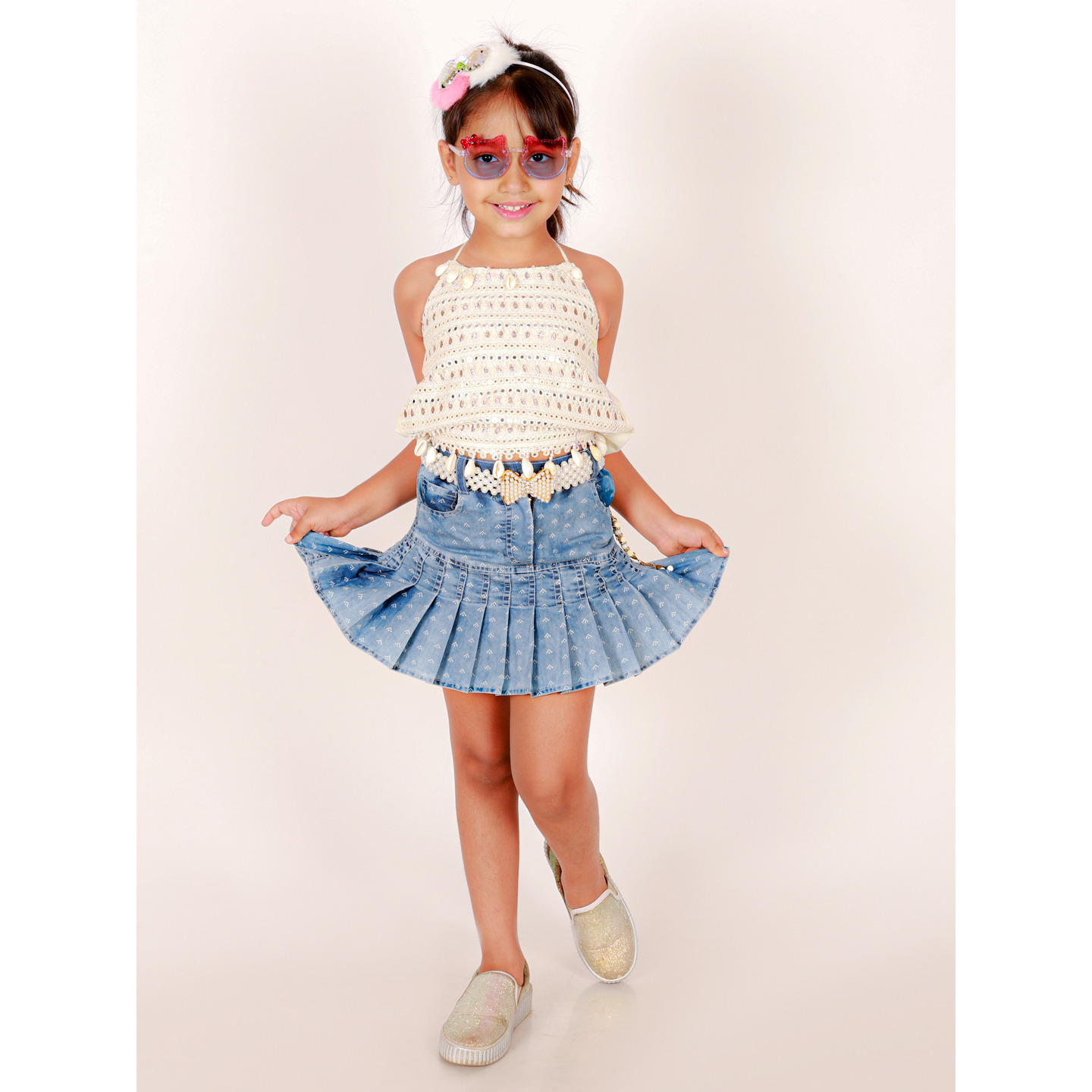 Elaisha Girls Sleeveless kavadi attached Choli with Emblished denim Skirt - White & Blue