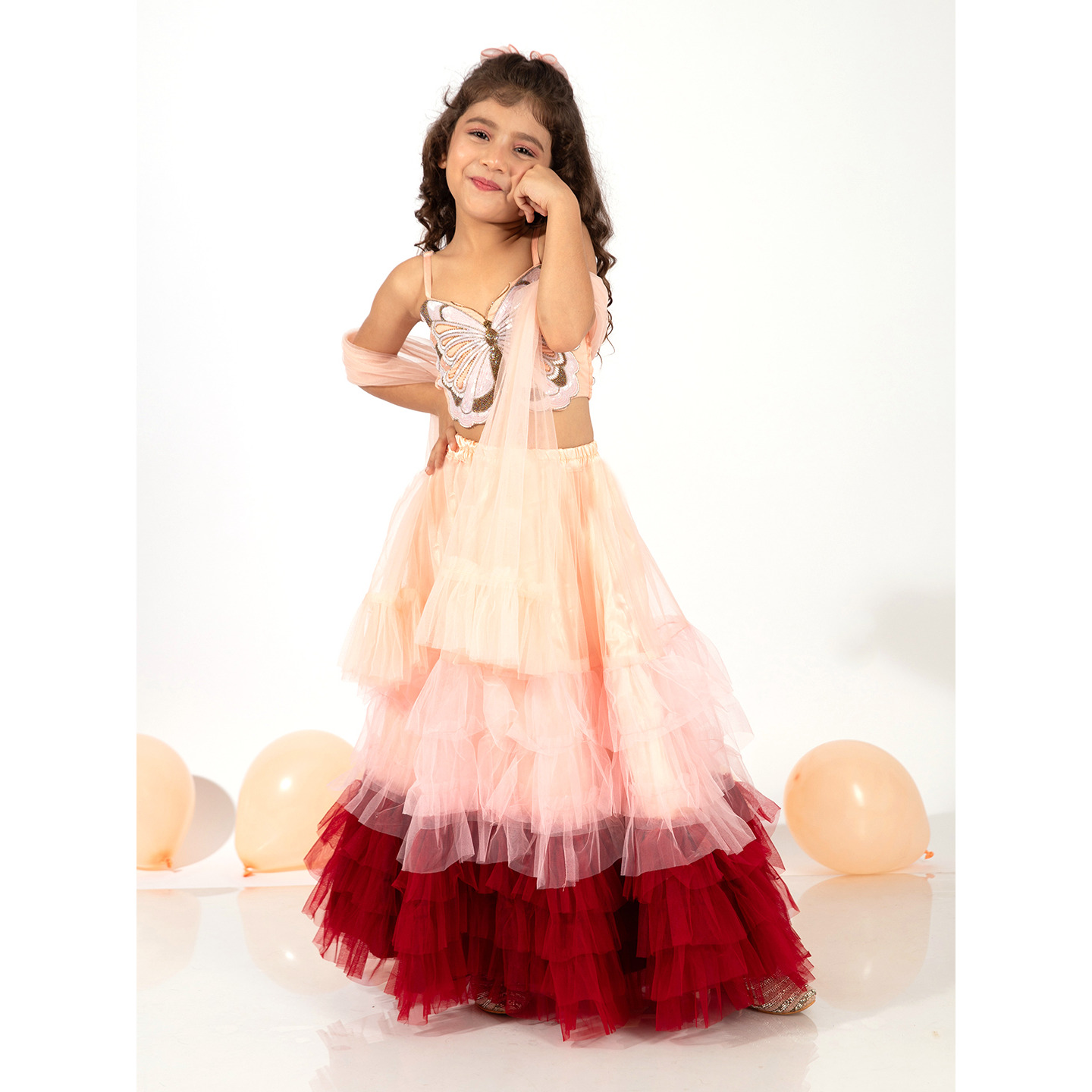 Elaisha Girls Spaghetti Top with Embroidered Butterfly Motif & Gradient Layered Net Lehenga Set - Peach & Maroon