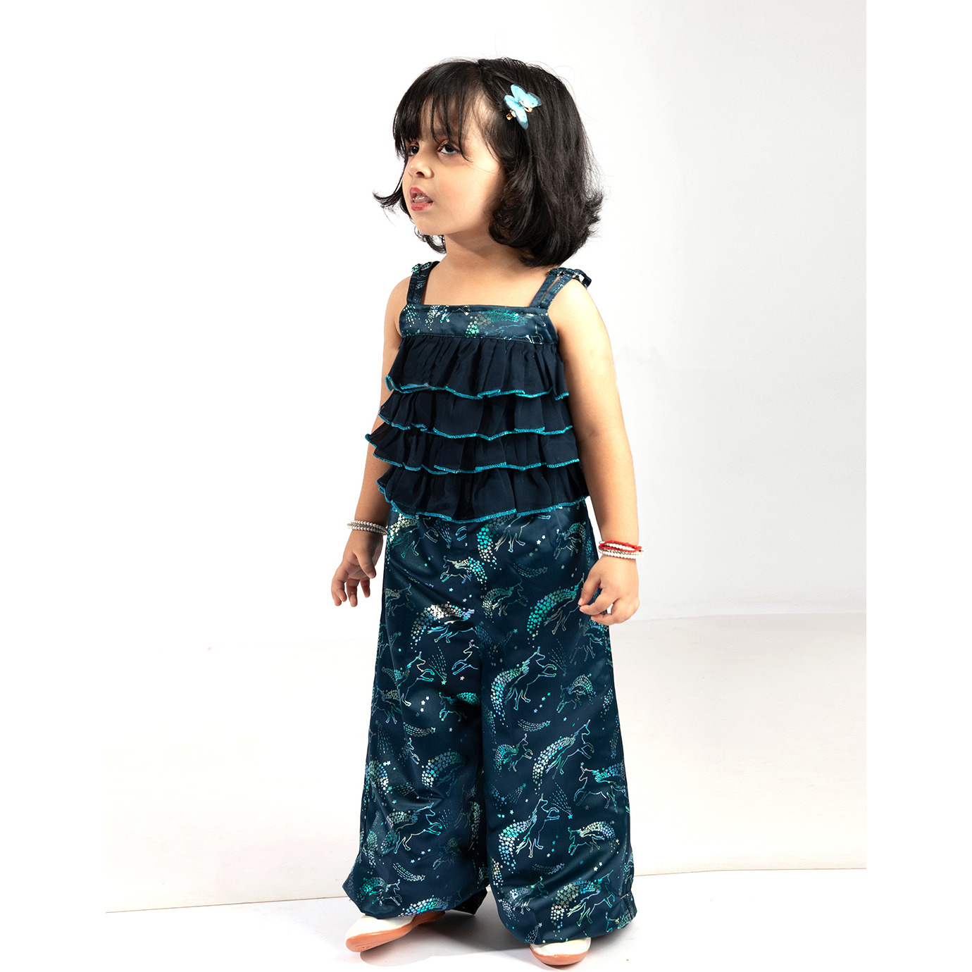 Elaisha Girls Spaghetti-Strap Ruffled & Shimmering Unicorn Printed Jumpsuit - Navy Blue